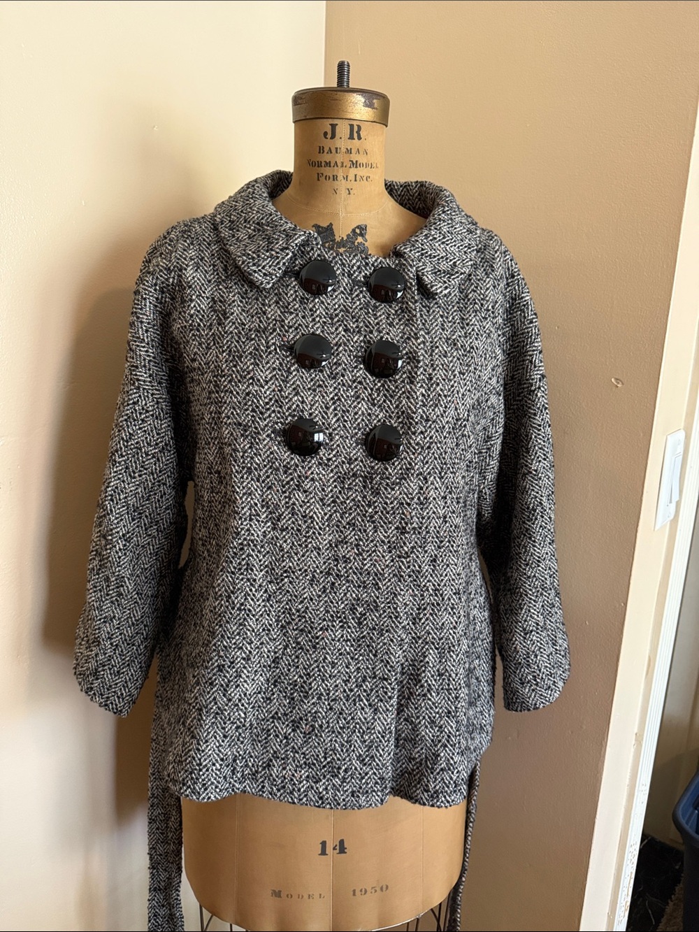 Classiques Entier Wool Blend Herringbone Belted Jacket Large Gray Peacoat Large - Picture 6 of 8